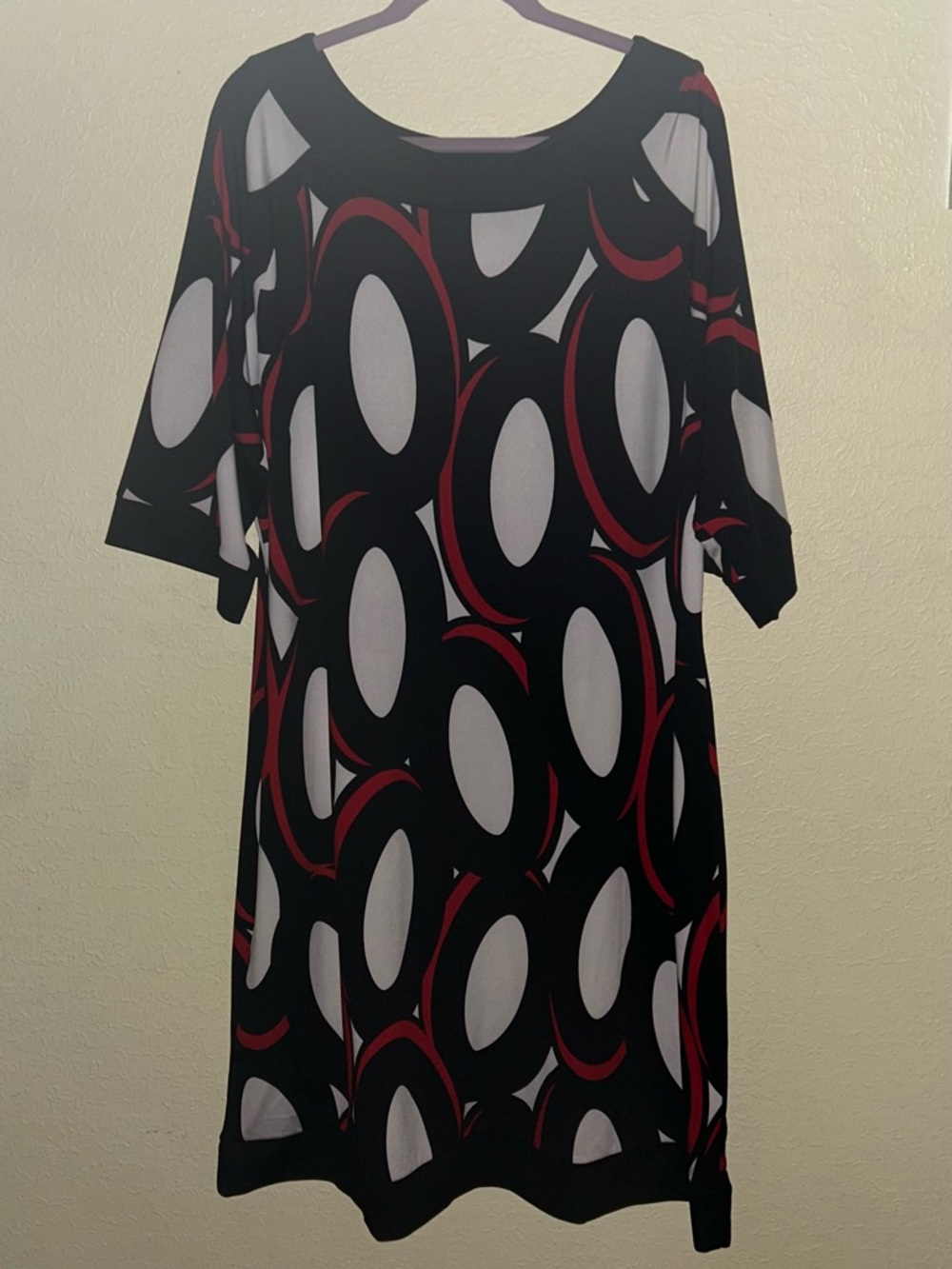 Just My Size Black Shift Dress with White Ovals and Red Accents